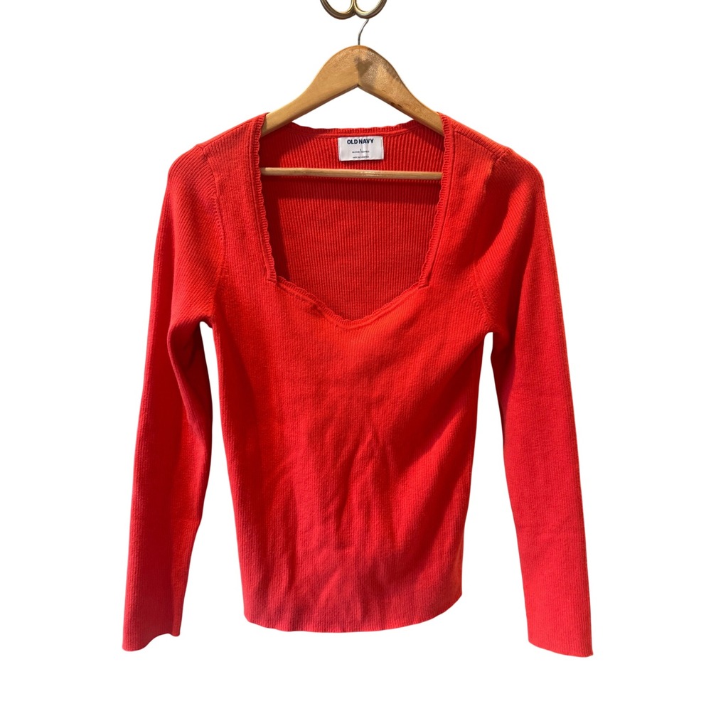 Old Navy Womens Red Ribbed Sweetheart Square Neck Long Sleeve Sweater Large